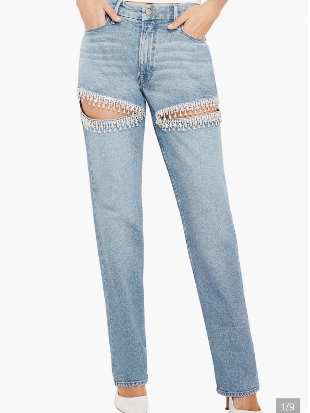 Good American icon Crystal Light Blue High-Rise Beaded Cutout Jeans! New! 20